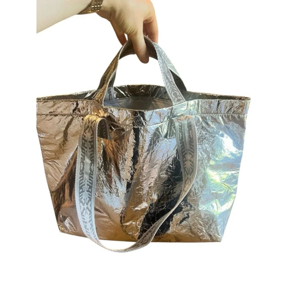 Tory Burch Metallic Silver Sublime Tote Bag with Patterned Straps